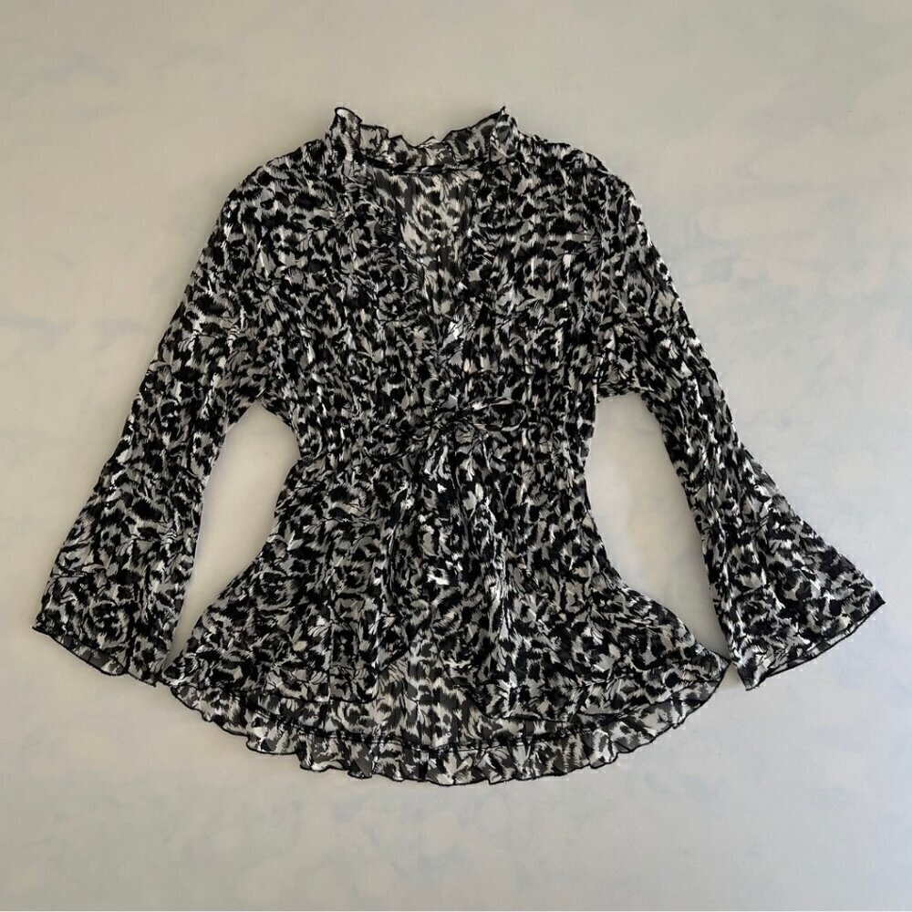 Notations Vintage Black & White Sheer Tie Front Long Sleeve Blouse